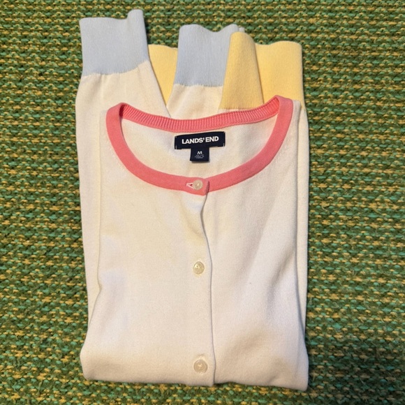 Lands' End Sweaters - 🛬 Lands' End • White Cardigan with Pastel Trim